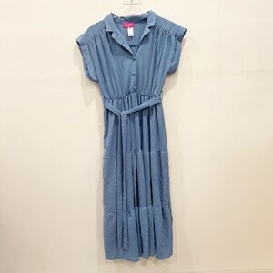 Mia Rose Blue Belted Tiered Midi Dress Belted Collared Button Front Medium